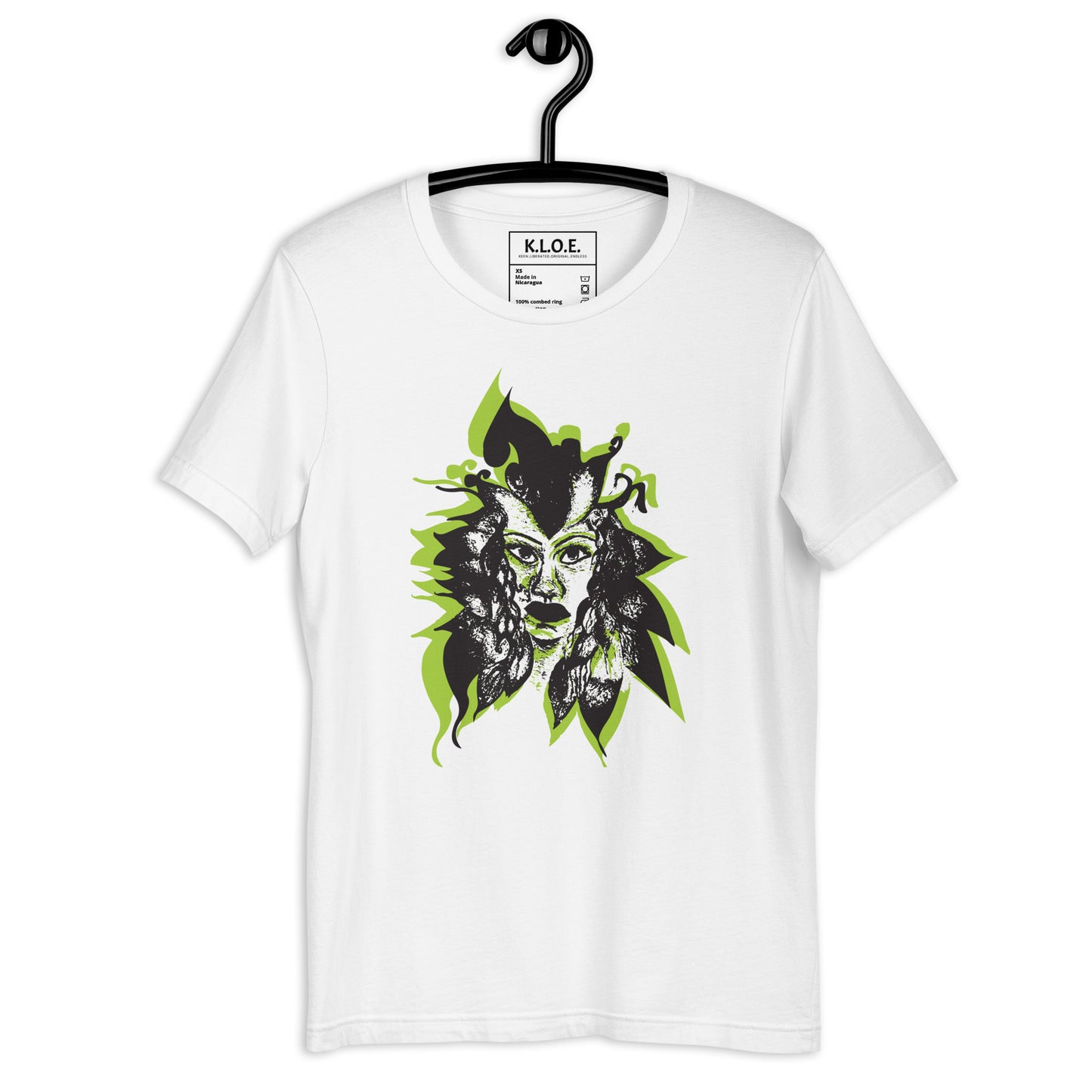 Front view of a white K.L.O.E. T-shirt featuring a bold hand-drawn face design in black and vibrant green, surrounded by sharp, abstract patterns, celebrating individuality, artistic self-expression, and modern bohemian style fashion.