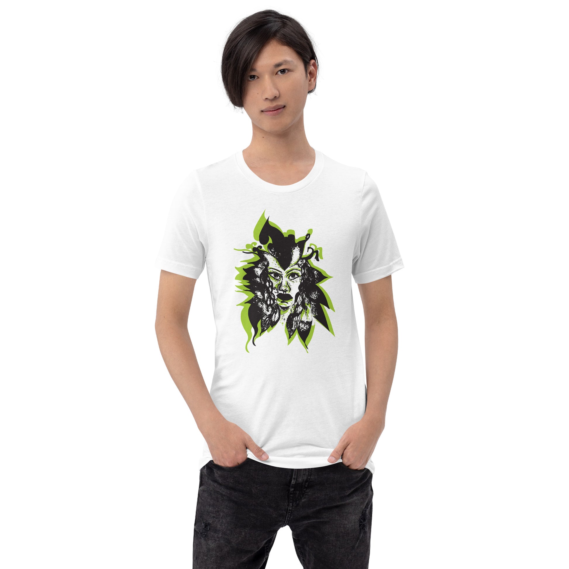 A model wearing white K.L.O.E. T-shirt featuring a bold hand-drawn face design in black and vibrant green, surrounded by sharp, abstract patterns, celebrating individuality, artistic self-expression, and modern bohemian style fashion.