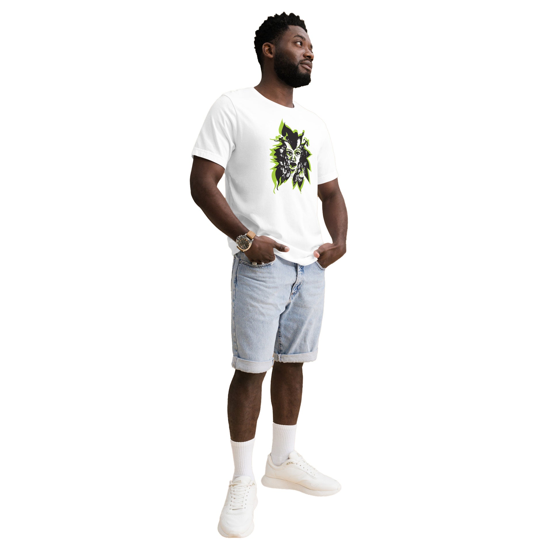 A model wearing white K.L.O.E. T-shirt featuring a bold hand-drawn face design in black and vibrant green, surrounded by sharp, abstract patterns, celebrating individuality, artistic self-expression, and modern bohemian style fashion.