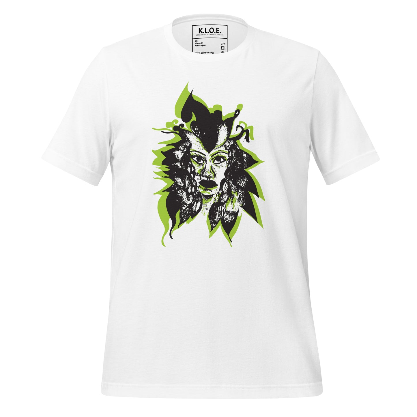 Front view of a white K.L.O.E. T-shirt featuring a bold hand-drawn face design in black and vibrant green, surrounded by sharp, abstract patterns, celebrating individuality, artistic self-expression, and modern bohemian style fashion.