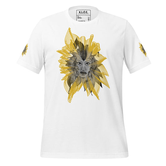 Front view of a white K.L.O.E. T-shirt featuring a striking hand-drawn face design surrounded by radiant golden abstract patterns—an artistic and empowering piece of handcrafted fashion, blending bohemian style clothing with contemporary fashion for bold self-expression and individuality.