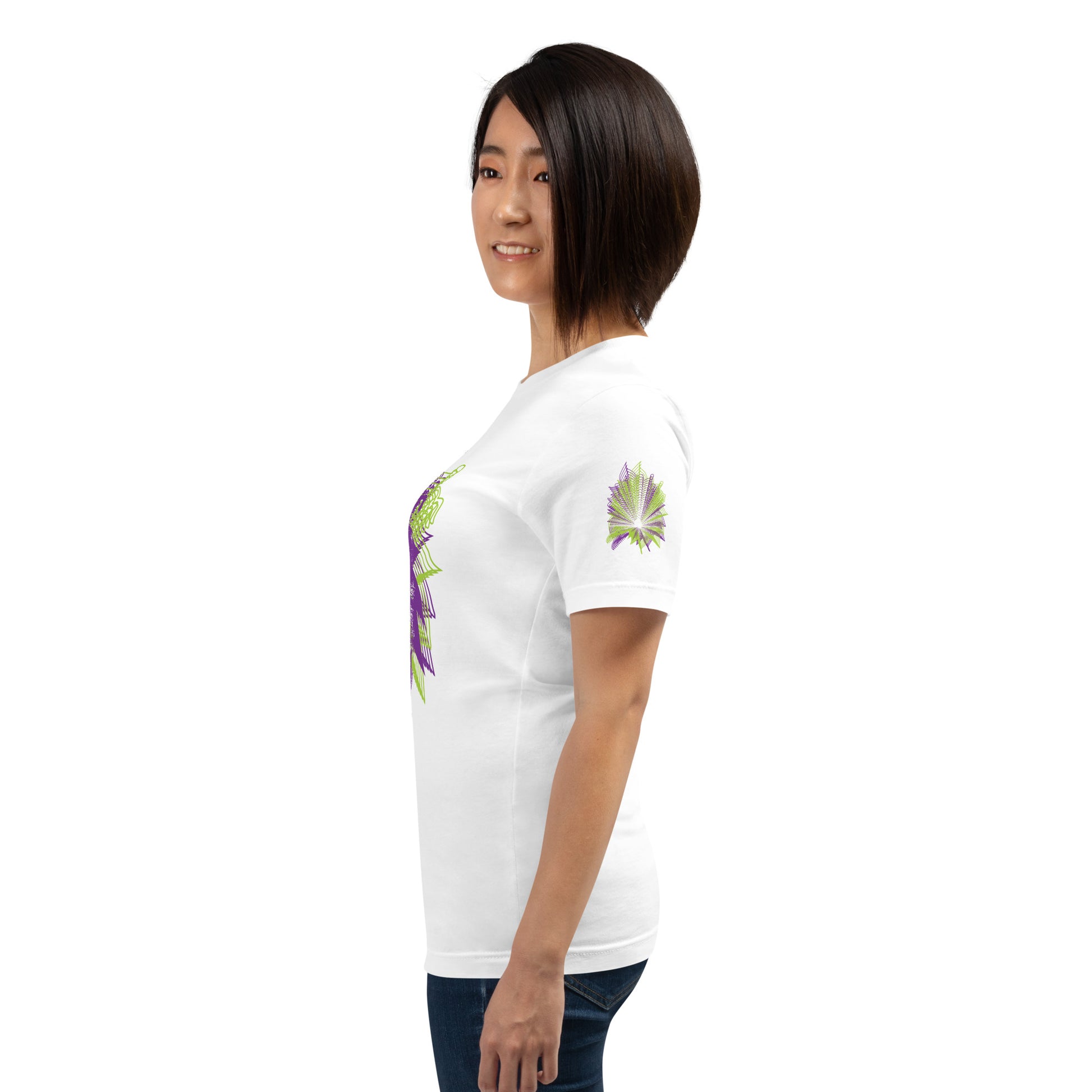 Side view of a white K.L.O.E. T-shirt featuring a vibrant hand-drawn face design in bold purple and green, surrounded by geometric and flowing patterns, celebrating individuality, artistic self-expression, and modern bohemian style fashion, on a model, showing the sleeves with the details.