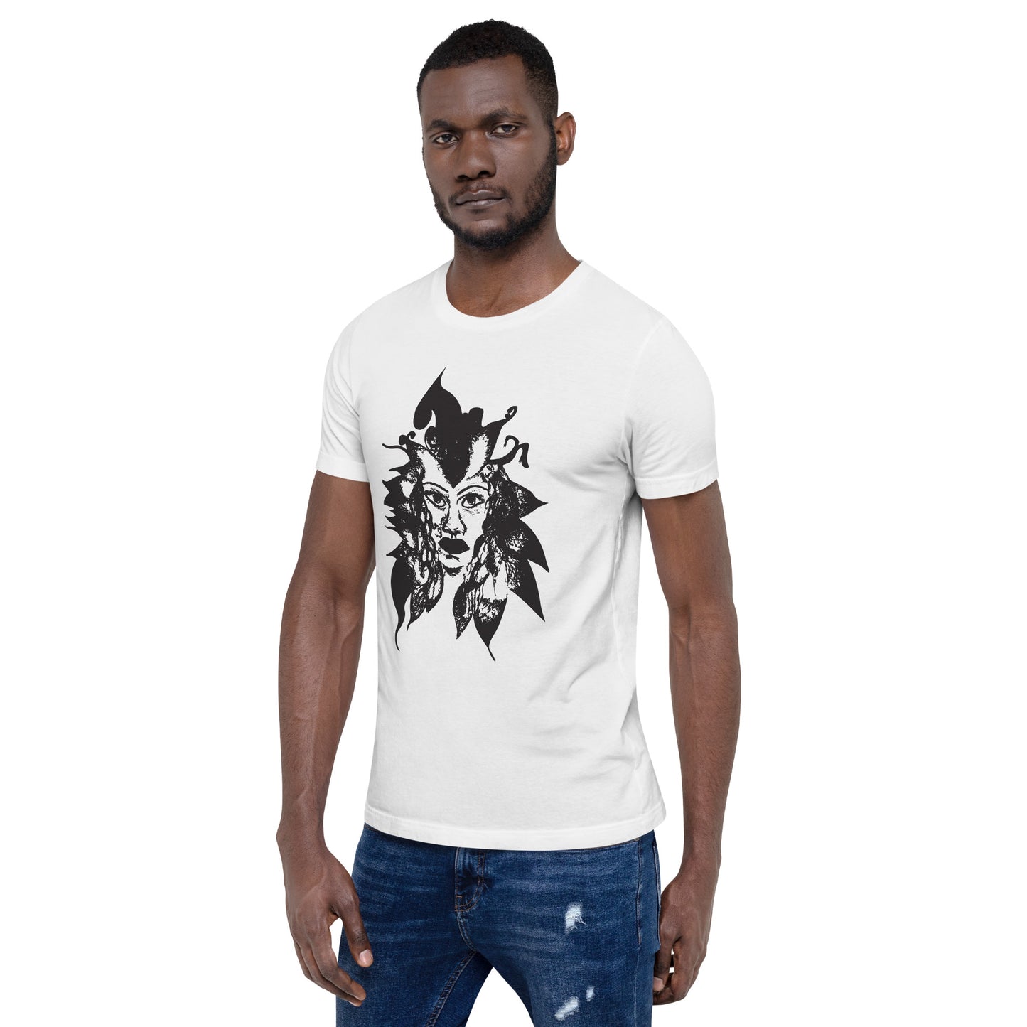 The model wearing the white K.L.O.E. T-shirt featuring a culturally inspired, hand-drawn black graphic of a bold, expressive face surrounded by intricate details, celebrating individuality and artistic self-expression in modern bohemian style fashion.