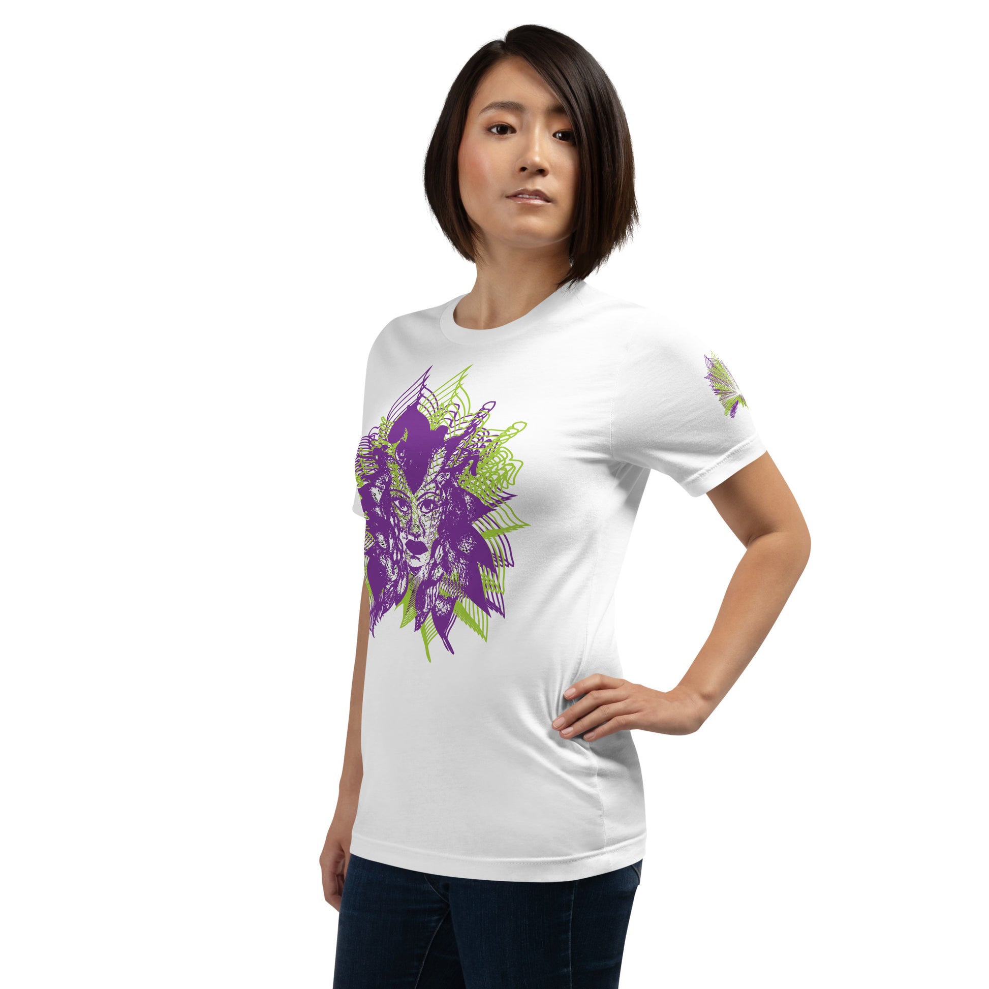 Front view of a white K.L.O.E. T-shirt featuring a vibrant hand-drawn face design in bold purple and green, surrounded by geometric and flowing patterns, celebrating individuality, artistic self-expression, and modern bohemian style fashion, on a model.