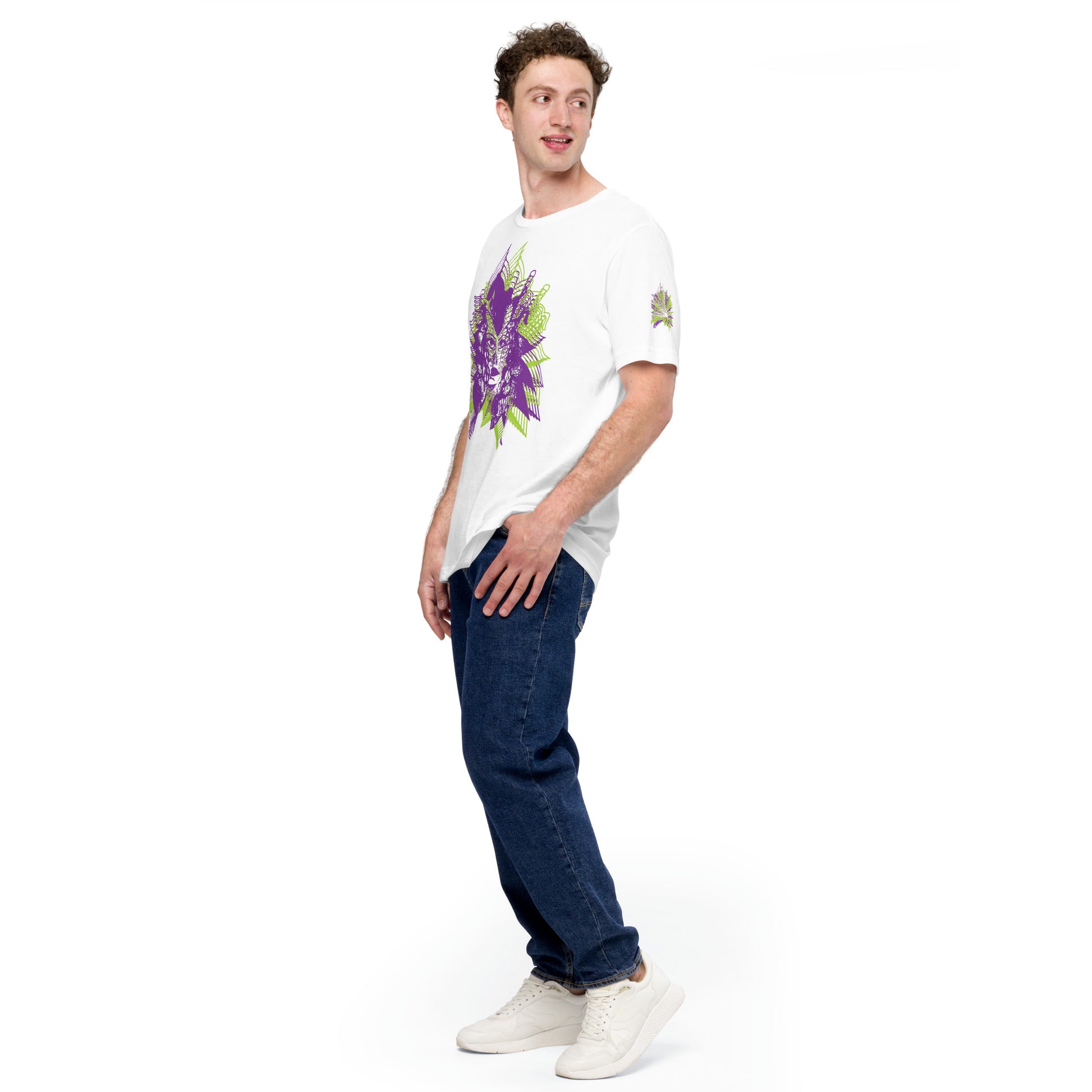 Side view of a white K.L.O.E. T-shirt featuring a vibrant hand-drawn face design in bold purple and green, surrounded by geometric and flowing patterns, celebrating individuality, artistic self-expression, and modern bohemian style fashion, on a model.