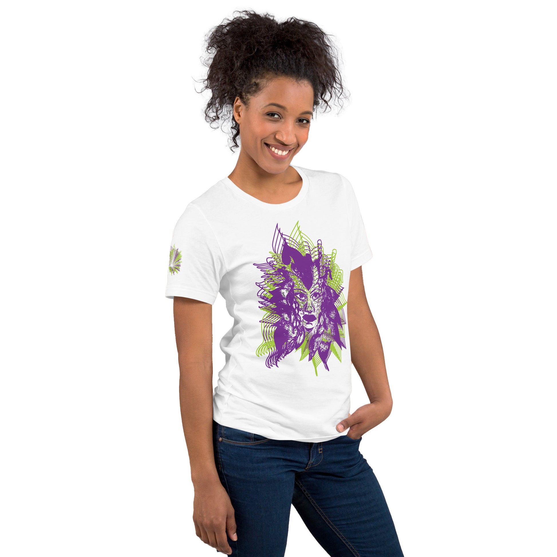 Front view of a white K.L.O.E. T-shirt featuring a vibrant hand-drawn face design in bold purple and green, surrounded by geometric and flowing patterns, celebrating individuality, artistic self-expression, and modern bohemian style fashion, on a model.