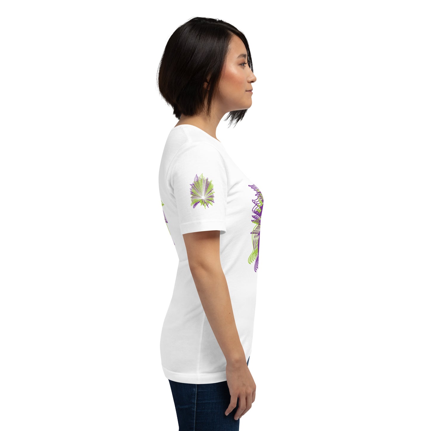 Side view of a white K.L.O.E. T-shirt featuring a vibrant hand-drawn face design in bold purple and green, surrounded by geometric and flowing patterns, celebrating individuality, artistic self-expression, and modern bohemian style fashion, on a model, showing the sleeves with the details.