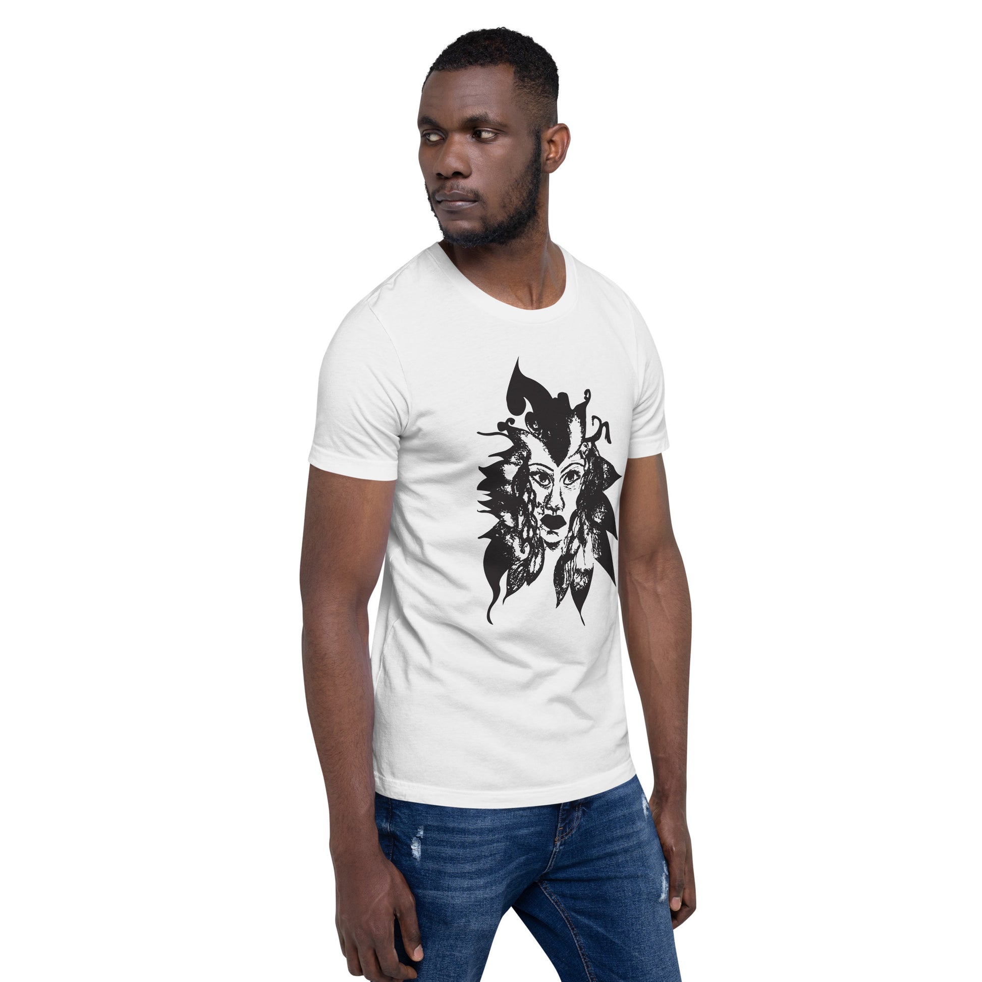 The model wearing the white K.L.O.E. T-shirt featuring a culturally inspired, hand-drawn black graphic of a bold, expressive face surrounded by intricate details, celebrating individuality and artistic self-expression in modern bohemian style fashion.