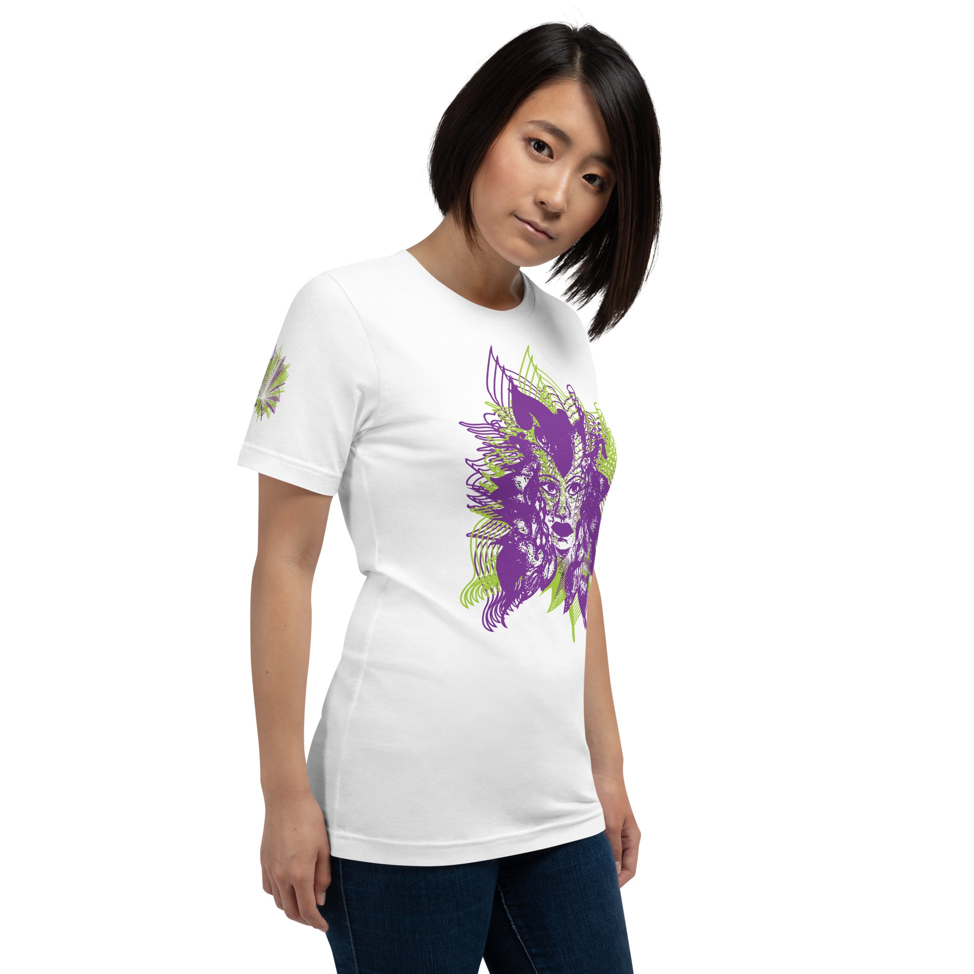 Front view of a white K.L.O.E. T-shirt featuring a vibrant hand-drawn face design in bold purple and green, surrounded by geometric and flowing patterns, celebrating individuality, artistic self-expression, and modern bohemian style fashion, on a model.