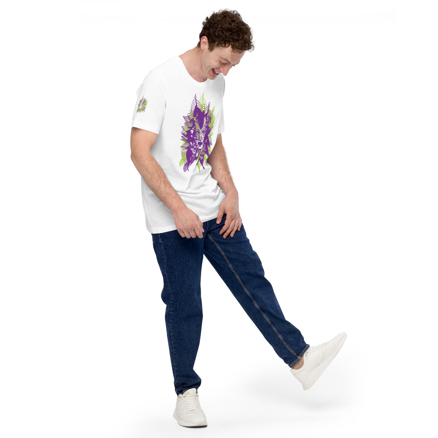 White K.L.O.E. T-shirt featuring a vibrant hand-drawn face design in bold purple and green, surrounded by geometric and flowing patterns, celebrating individuality, artistic self-expression, and modern bohemian style fashion, on a model.