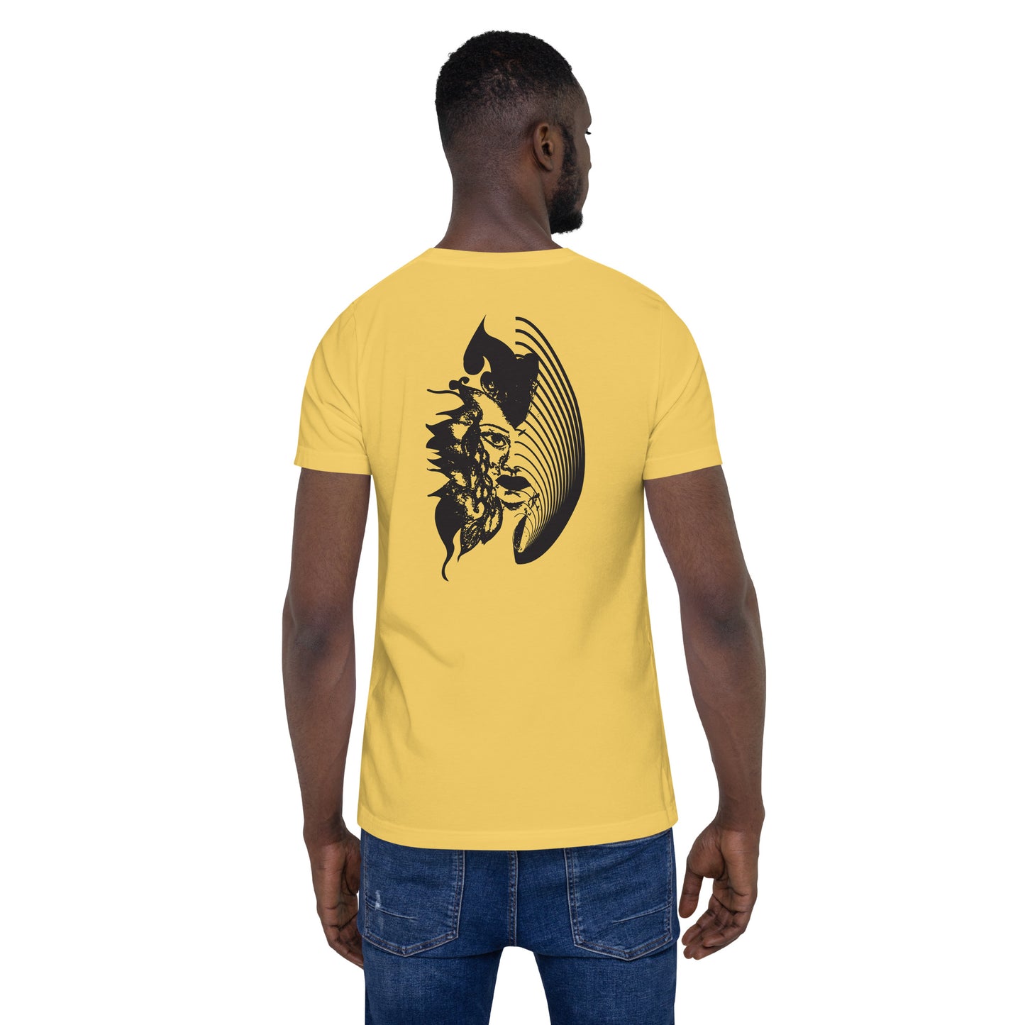 Back view of a yellow K.L.O.E. T-shirt showcasing a culturally inspired, hand-drawn black design featuring a bold, expressive face intertwined with flowing, abstract patterns, embodying artistic self-expression and modern bohemian style fashion, on a model.