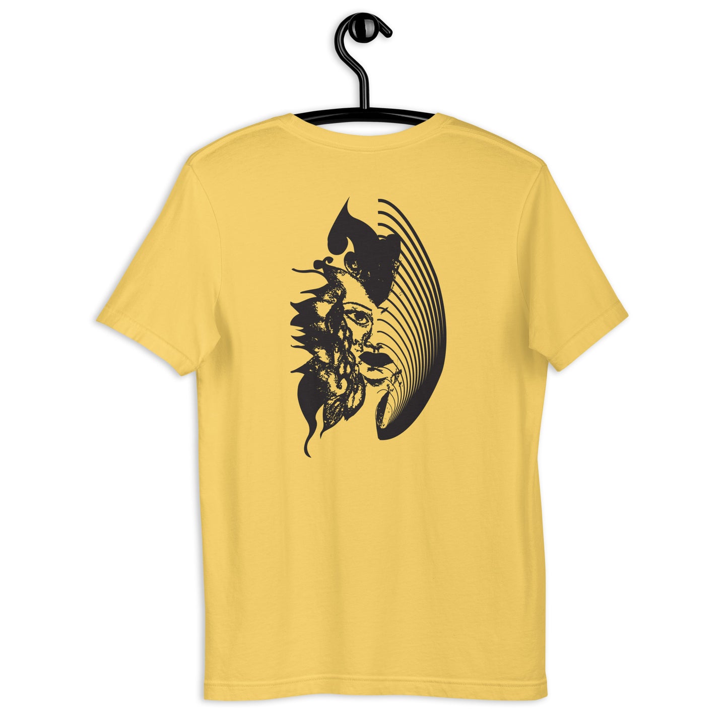 Back view of a yellow K.L.O.E. T-shirt showcasing a culturally inspired, hand-drawn black design featuring a bold, expressive face intertwined with flowing, abstract patterns, embodying artistic self-expression and modern bohemian style fashion.