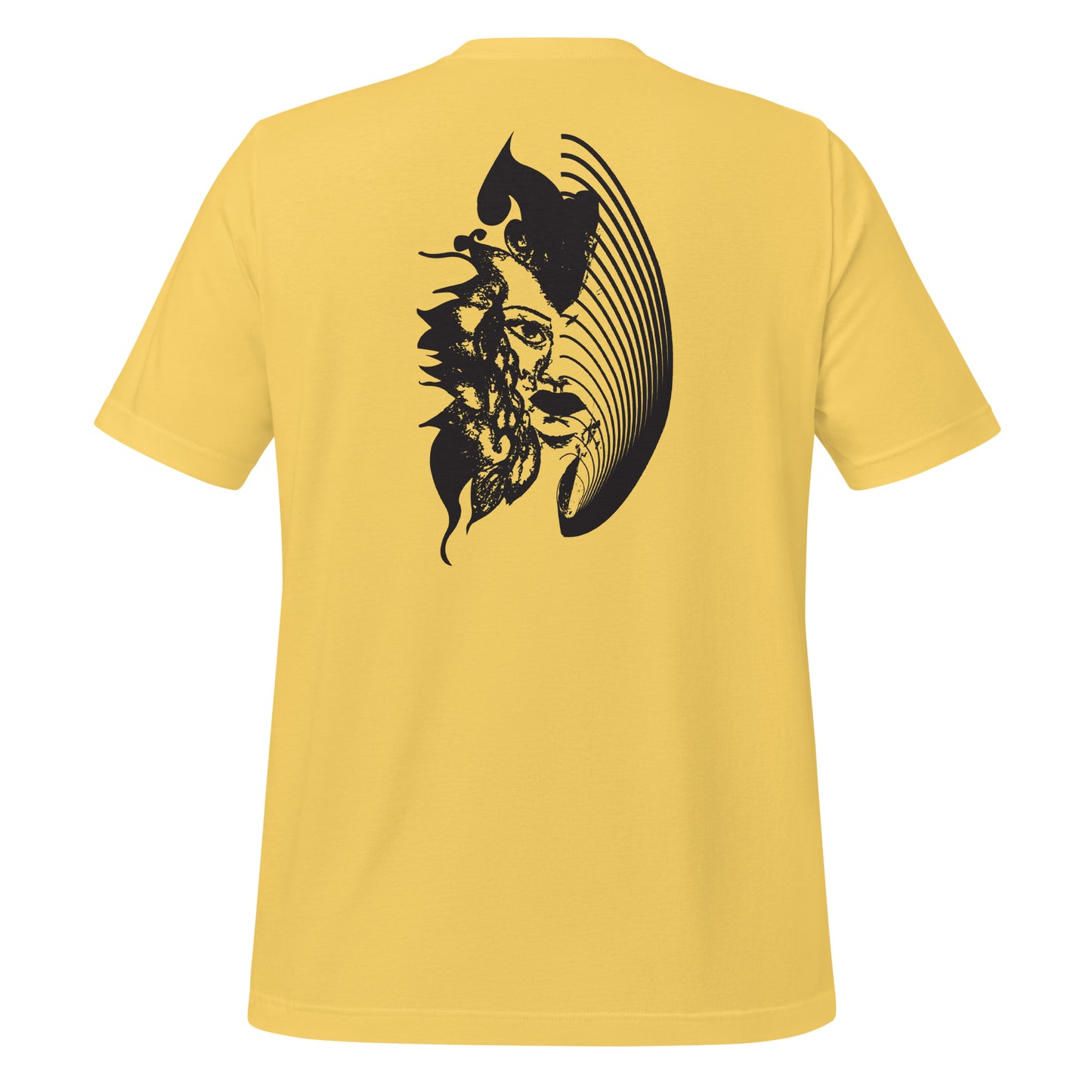 Back view of a yellow K.L.O.E. T-shirt showcasing a culturally inspired, hand-drawn black design featuring a bold, expressive face intertwined with flowing, abstract patterns, embodying artistic self-expression and modern bohemian style fashion.