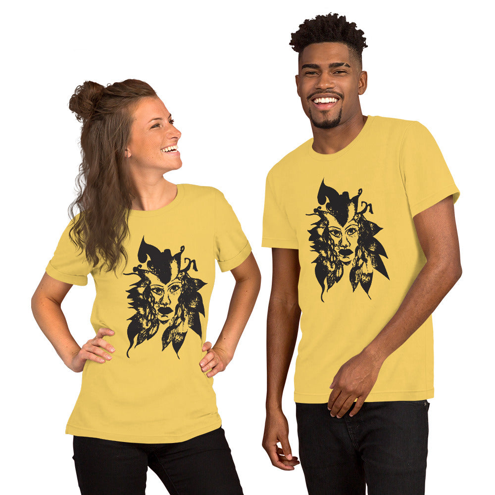 The couple wearing yellow K.L.O.E. T-shirt featuring a culturally inspired, hand-drawn black graphic of a bold, expressive face surrounded by intricate details, celebrating individuality and artistic self-expression in modern bohemian style fashion.