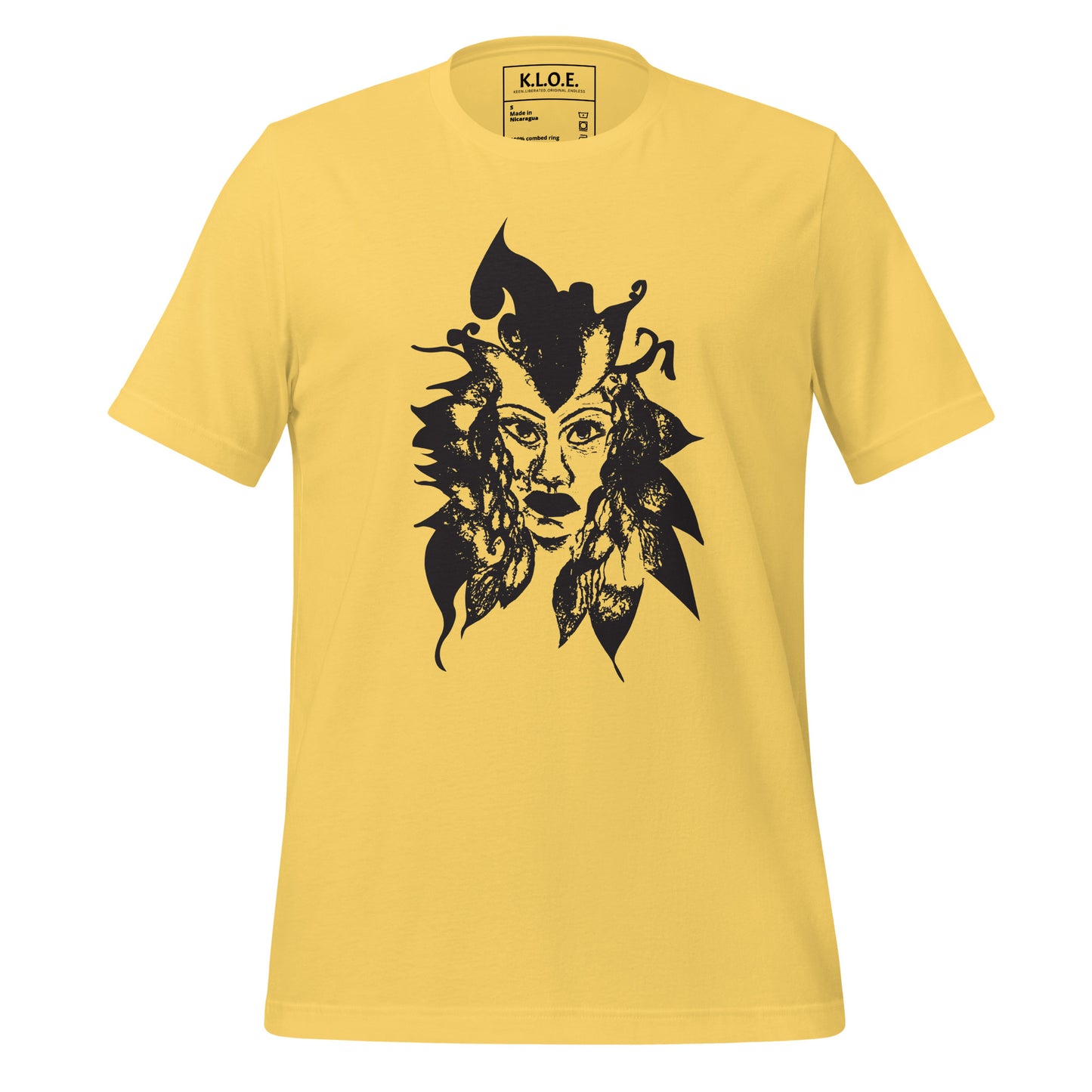 Yellow K.L.O.E. T-shirt featuring a culturally inspired, hand-drawn black graphic of a bold, expressive face surrounded by intricate details, celebrating individuality and artistic self-expression in modern bohemian style fashion.